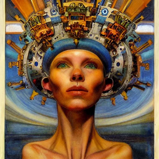 Prompt: the robot crown, by Annie Swynnerton and Diego Rivera , symbolist, dramatic lighting, elaborate geometric ornament, Art Brut, god rays, soft cool colors,smooth, sharp focus, extremely detailed, Adolf Wölfli and (Donato Giancola)