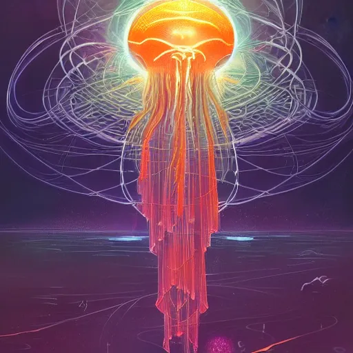 Image similar to intricate holographic quantum ghostwave entanglement jellyfish made of microcircuitry and transistors in a glowing deap sea by peter mohrbacher and dan mumford, trending on artstation, cgsociety 4 k