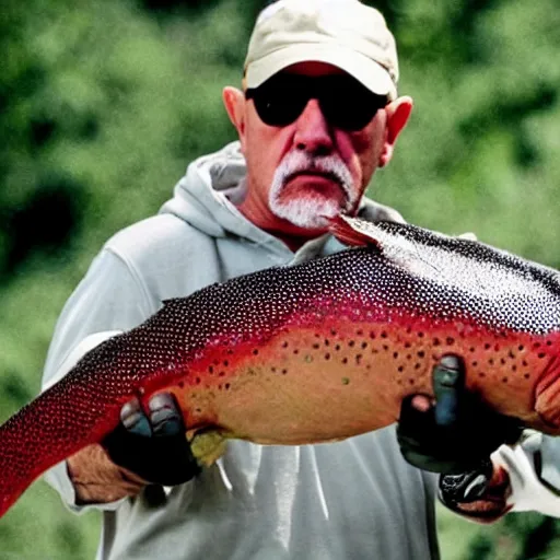 Prompt: mike ehrmantraut fighting another mike ehrmantraut holding a big trout fish big heads from breaking bad and better call saul