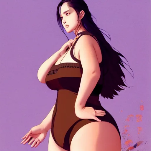 Image similar to a beautiful plus sized model japanese natalie portman, alluring plus sized model with brown skin, wearing mayan leotard with overalls, street fashion hip hop style with mayan patterns, aztec street fashion, gapmoe yandere grimdark, trending on pixiv fanbox, painted by greg rutkowski makoto shinkai takashi takeuchi studio ghibli, akihiko yoshida