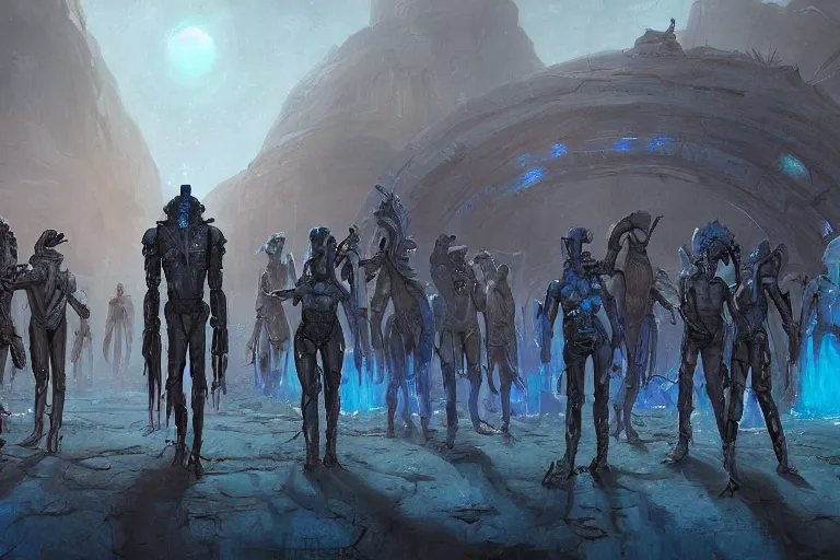 Image similar to ancient alien portral, a crowd of androids walking in a straight line along a path towards a portal, pilgrimage, in mad max style, stargate, coriolios rpg art style, full of details, dark sci - fi, cold blue colors, matte painting, artstation, 8 k, hyperrealistic, style of peter mohrbacher