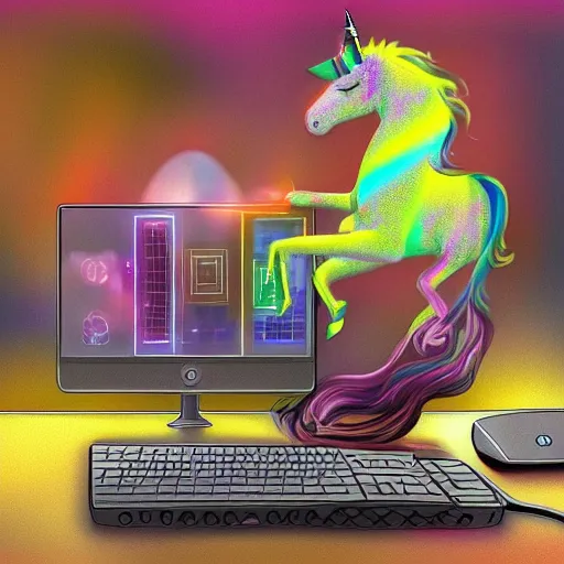 Image similar to a unicorn hacking a computer, digital art