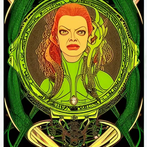 Image similar to Seven of Nine the Borg from star trek, art nouveau, amazing details, intricate details, beautiful ,insane details , tarot card, black paper, neon green, fractal system circuit , in the style of Alphonse Mucha,