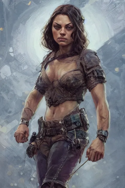 Image similar to tough Mila Kunis as a ruggedly handsome heroine, intricate, elegant, highly detailed, centered, artstation, concept art, smooth, sharp focus, illustration, bokeh art by artgerm and donato giancola and Joseph Christian Leyendecker, WLOP