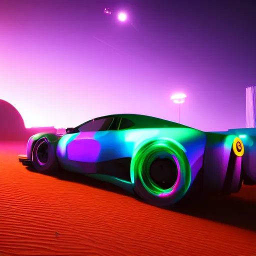 Image similar to cyberpunk neon car glowing against a desert background, nighttime photography, ray tracing, rtx, 4 k