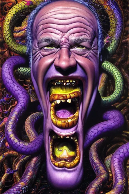 Prompt: hyper realistic painting, the head of braco the gazer floating and laughing maniacally, surrounded by a cobweb of dark purple snakes, by lisa frank, simon bisley, chuck close and richard corben, very intense, depth of field, hyperdetailed, rich deep vivid colours, sharp focus, dramatic lighting