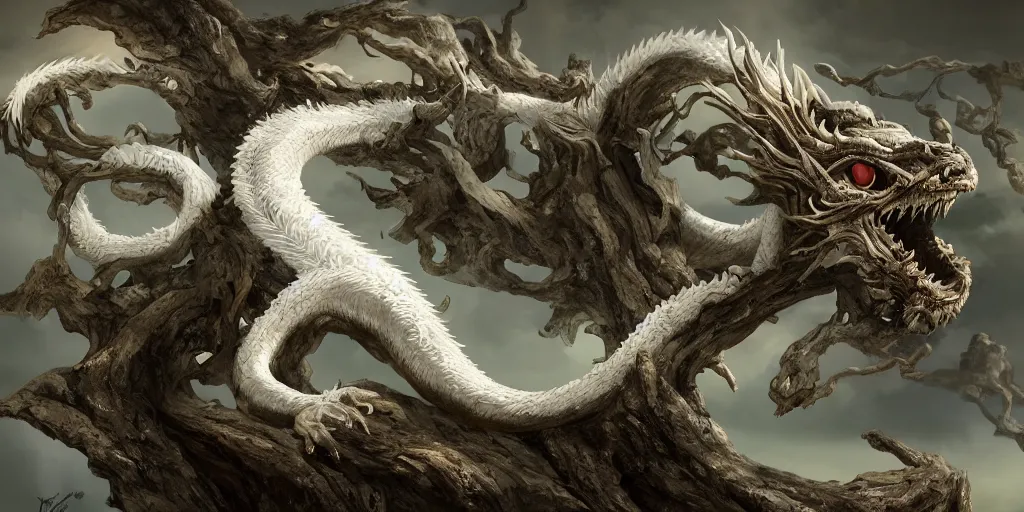 Image similar to single white chinese dragon lie on a old tree, wei guan, 4 k, matte paint, concept art, sharp detail, artstation