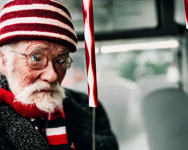 Image similar to an old man on a city bus holding a candy cane, portra 4 0 0 candid photograph portrait by annie leibovtz, 3 5 mm shot, f / 3 2, hyperrealistic, cinematic lighting, hd wallpaper, 8 k, 4 k