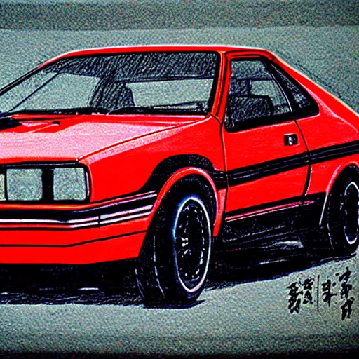 Image similar to black AE86 Trueno red glowing drawn by Shuichi Shigeno and Michiharu Kusunoki pen ink drawing