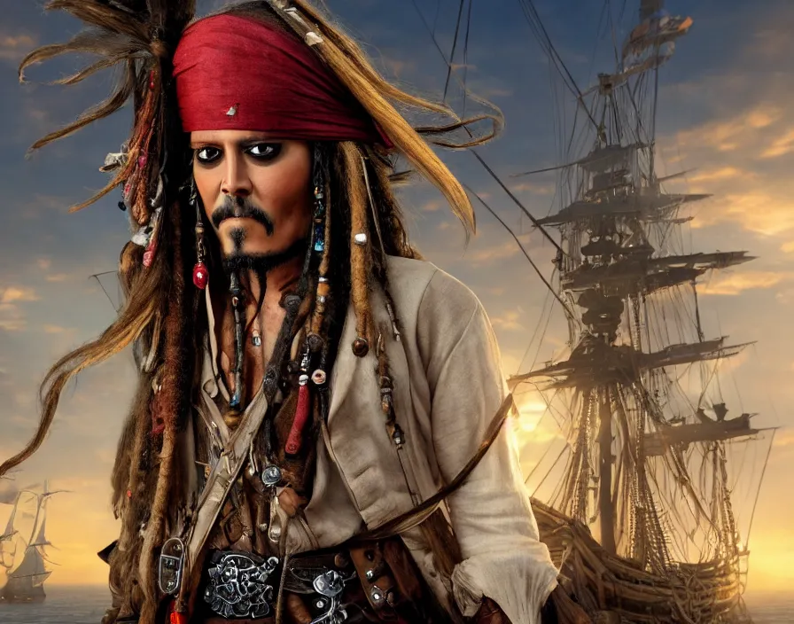 Image similar to happy captain jack sparrow on pirate ship, beautiful texture, beautiful graphics, fantasy artwork, very beautiful scenery, hd, hdr, ue 5, ue 6, unreal engine 5, cinematic 4 k wallpaper, 8 k, ultra detailed, by popular digital, details, beautiful image ever created, high resolution, artstation, award winning