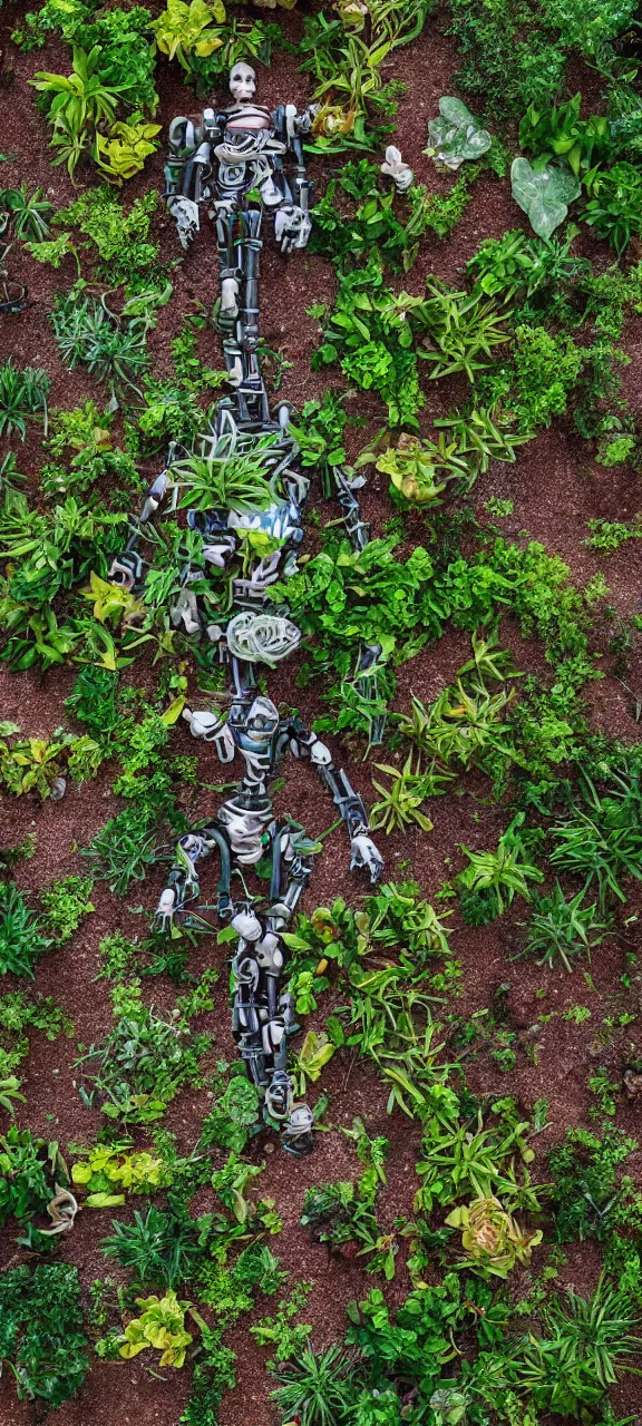 Image similar to award winning photo of robot body degraded and filled with plants, stunning, 4 k, detailed, top - down