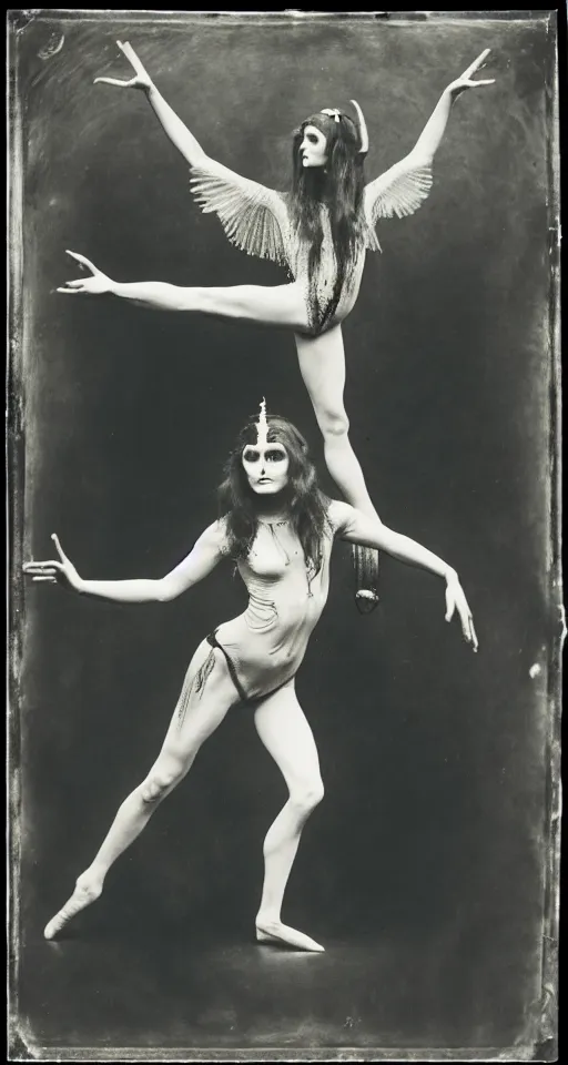Prompt: wet plate photograph, portrait of Olivia Newton John performing satanic occult dance, Aleister Crowley illustrations on graph paper in the background, 1850