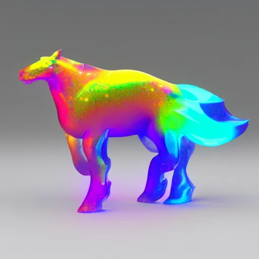 Prompt: glowing holographic futuristic plastic sculpture of celestial steed, transparent celestial light gels, vibrant acrylic glass crinkled correction gel, colored film face by okuda san miguel, glowing stars, glinting, glittering, cyan, white, ultra realistic, photorealistic, 3 d render, unreal engine, octane render, sharp, studio