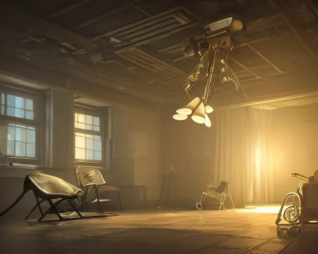 Image similar to artstation scifi scene of a bouquet of light on a business card, in an old ward, one ceiling fan, wheelchair, crutches, beds, dust, paneled walls, unreal engine 5, hyper realism, realistic shading, cinematic composition, blender render, octane render, hdr, detailed textures, photorealistic, wide shot
