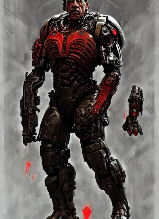 Image similar to danny trejo as victor stone, full body concept, cyborg, borg, strogg, face of a man, terminator, flesh, quake strogg, doom demon, wolfenstein, monstrous, powerful, symmetry, symmetrical, concept art by ruan jia and greg rutkowski