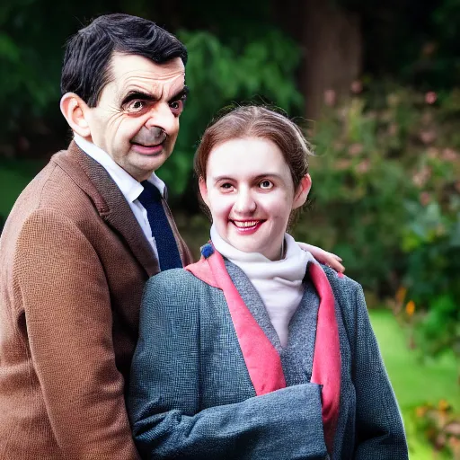 Image similar to A portrait mr bean elizabeth teams up with a teenage mr bean, perfect faces, 50 mm, award winning photography