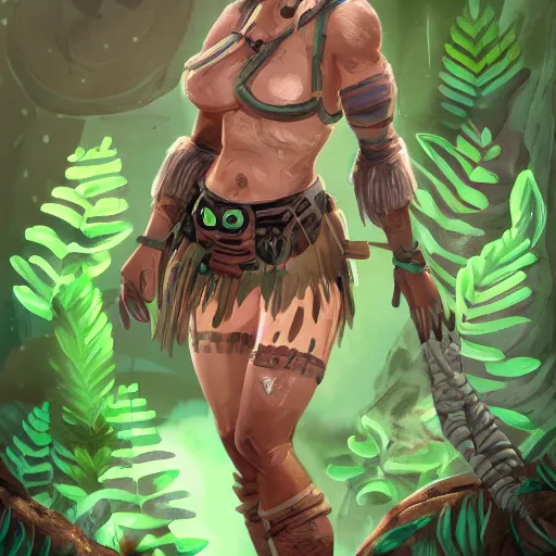 Image similar to a battle - scarred female adventurer, bioluminescence, friendly and smiling, fantasy, jungle exploration