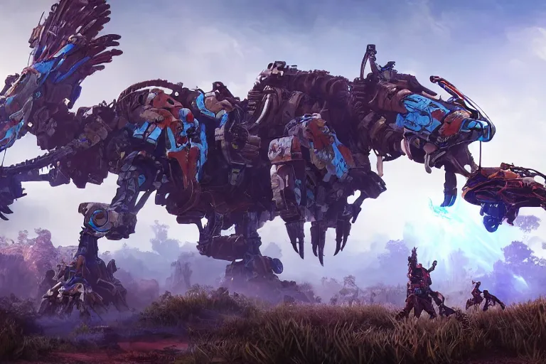 Image similar to thunderjaw machine mecha animal beast robot of horizon forbidden west horizon zero dawn bioluminiscence global illumination ray tracing hdr fanart arstation by sung choi and eric pfeiffer and gabriel garza and casper konefal