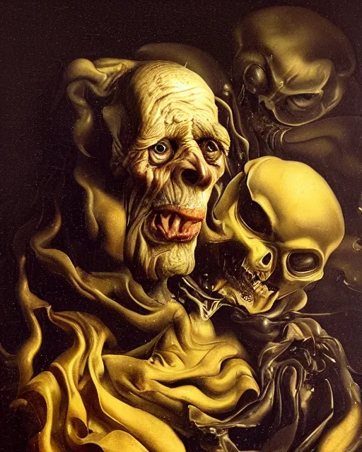 Image similar to refined gorgeous blended oil painting with black background by christian rex van minnen rachel ruysch dali todd schorr of a chiaroscuro portrait of an extremely bizarre disturbing old wrinkled man with shiny alien skin dutch golden age vanitas intense chiaroscuro cast shadows obscuring features dramatic lighting perfect composition masterpiece