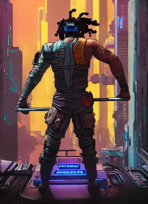 Prompt: greg. apex legends buff cyberpunk weight lifter. concept art by james gurney and mœbius. gorgeous face, cinematic, dramatic lighting ( cyberpunk 2 0 7 7 ), clean aesthetic
