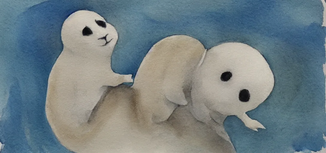 Prompt: “A pencil and watercolor paining of a baby harp seal riding a Chinese dragon”