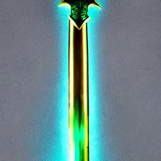 Image similar to photograph of a large green and teal crystal sword with a gold sword hilt