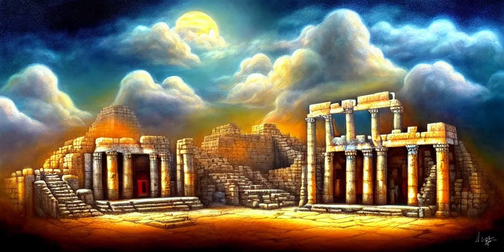 Image similar to illusion painting hidden temple in the clouds : an adorable small fox in the huge ruins of the second temple in jerusalem. a new temple hovers quietly hiding in the dreamy clouds above. a hooded bearded old man in a brown tunic laughing, colorful 8 k, art station, intricate superb details, digital art, illusion painting hidden image.