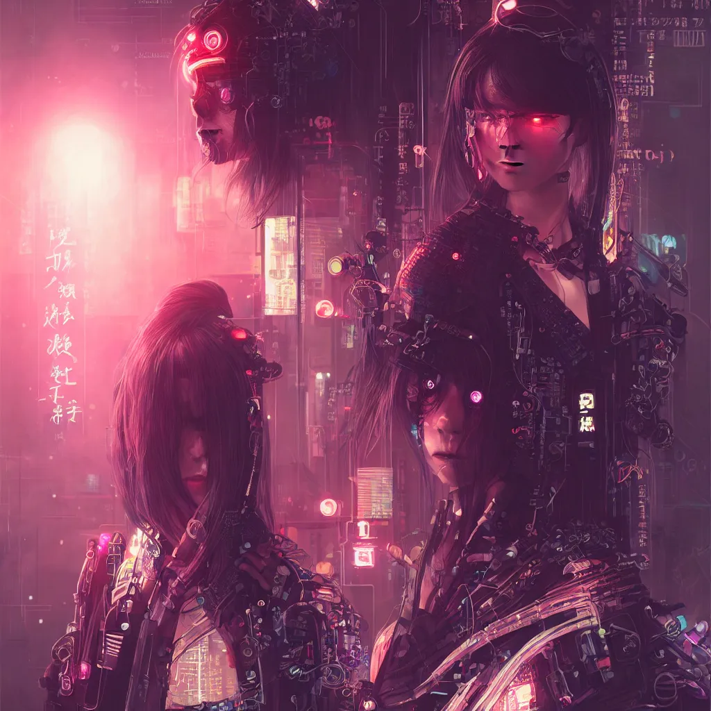Prompt: portrait of a female cyberpunk hacker samurai in neotokyo at night, futuristic cyberpunk tokyo night, sci - fi and fantasy, intricate and very beautiful, highly detailed, digital painting, artstation, concept art, smooth and sharp focus, illustration, art by tian zi and wlop and alphonse mucha