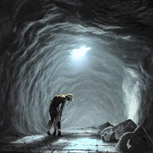 Prompt: in the cave moments before disaster, digital art, eerie