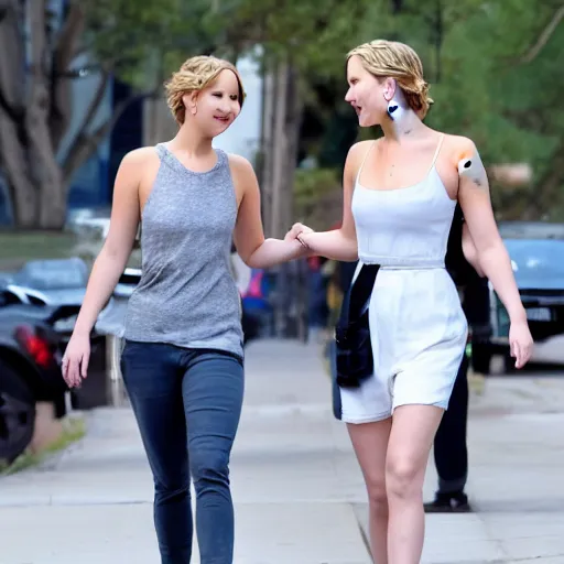 Image similar to Jennifer Lawrence and Jennifer Lawrence walking down the street, holding hands, smiling,