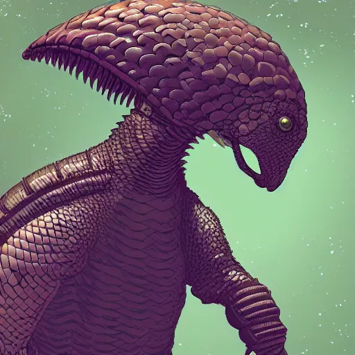 Image similar to an alien cyborg pangolin, digital art, highly detailed, fantasy, space background