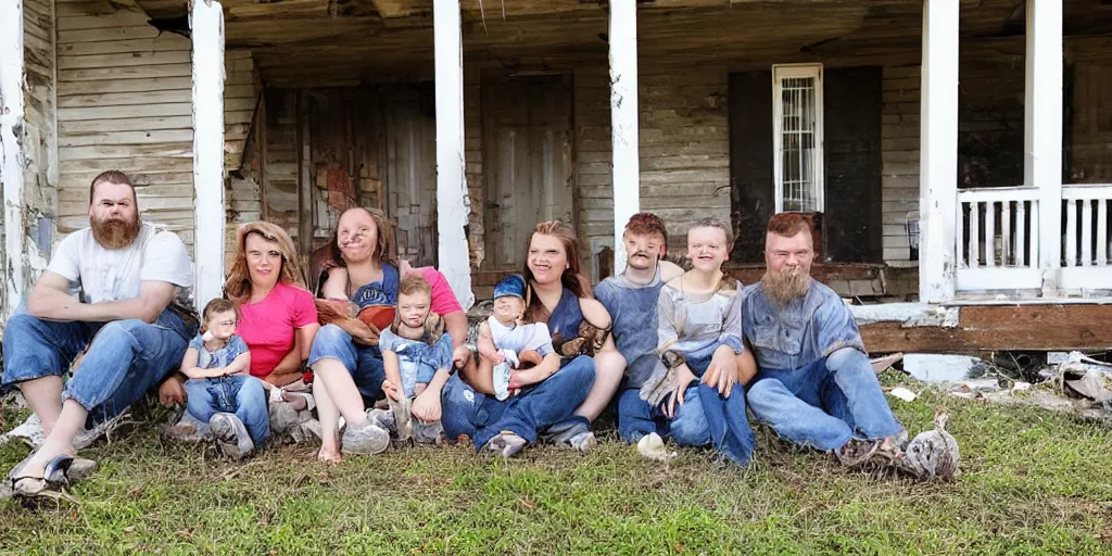 Prompt: photo of unusually small white redneck family sitting on front porch of dilapidated house,