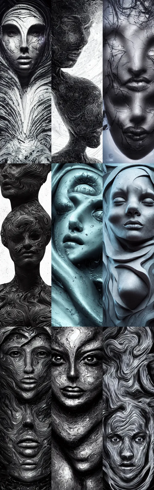 Prompt: epic illustration, digital abstract sculpt of beautiful female face and black swirling concrete acrylic portrait, black latex sculpt, close up portrait, mechanical superstructure, sacred geometry, glowing edges, magic hour, beautiful light, sculpture of carving marble, dark colors, dark mood, one point light, clockwork, epic matte painting, concept art, bokeh, digital painting, artstation