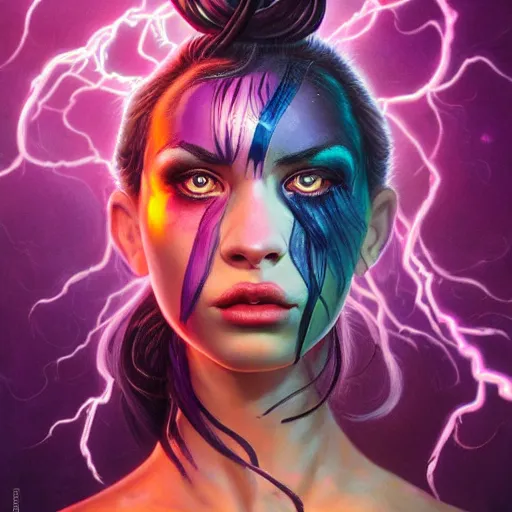 Image similar to detailed photo portrait of a furious teen girl with thin, hair-like purple tentacles on her head and bright purple eyes, 8k,by tristan eaton, Stanley Artgermm,Tom Bagshaw,Greg Rutkowski,Carne Griffiths,trending on DeviantArt, face enhance,hyper detailed ,full of colour, dramatic lightning