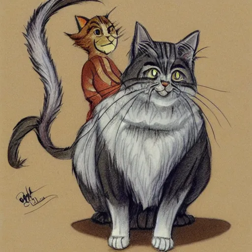 Image similar to anthropomorphic humanoid cat, extra fluffy Persian tabby cat standing on two feet, drawing by Don Bluth, colored pencil sketch with feathery lines, drawing by Yoshitaka Amano