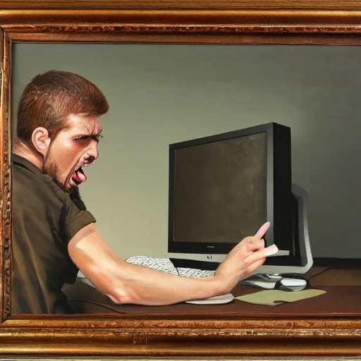 Image similar to an angry man yells at his computer monitor, oil on canvas, highly detailed, high resolution