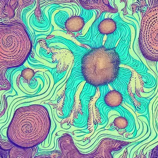 Image similar to beautiful and artistic mycelium on a fantastic planet and unusual inhabitants of the oceans, highly detailed, Pattern with optical illusion
