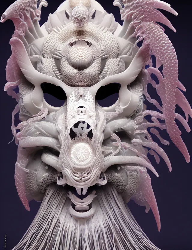 Image similar to 3 d goddess close - up 3 / 4 portrait with ram skull. beautiful intricately detailed japanese crow kitsune mask and clasical japanese kimono. betta fish, jellyfish phoenix, bio luminescent, plasma, ice, water, wind, creature, artwork by tooth wu and wlop and beeple and greg rutkowski