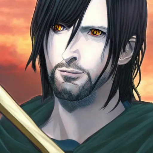 Image similar to aragorn in an anime world, incredibly detailed, ultra realistic