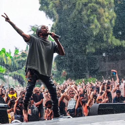 Image similar to Kanye west and Travis Scott performing while raining at plaza de bolivar in armenia quindio, daytime