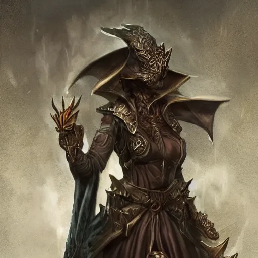 Prompt: ferocious bronze female dragonborn, wearing a cape, wizard robe, sinister and stylish, pronounced eyes, pretty, beautiful, dnd character art portrait, matte fantasy painting, deviantart artstation, by jason felix, by steve argyle, by tyler jacobson, by peter mohrbacher, cinema