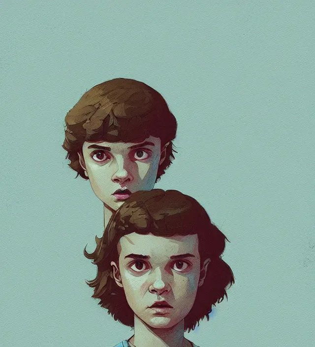 Image similar to stranger things, naturel, art style by atey ghailan, greg rutkowski, greg tocchini, james gilleard, joe gb fenton, in kaethe butcher, dynamic lighting, gradient light blue, brown, blonde cream and white color in scheme, grunge aesthetic