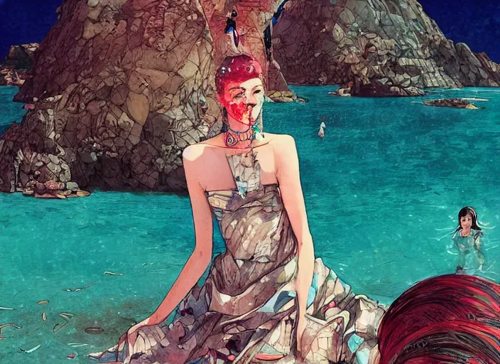 Image similar to lee jin - eun in luxurious dress emerging from turquoise water in egyptian pyramid city during an eclipse by conrad roset, m. k. kaluta, martine johanna, rule of thirds, elegant look, beautiful, chic, face anatomy, cute complexion