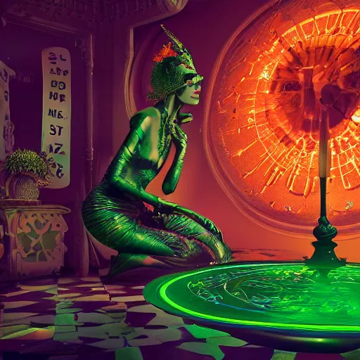 Image similar to Fortuneteller, clean background, Bright green dark orange intense black, Roger Dean, Joe Fenton, John Jude Palencar, Fred Tomaselli, Leng Jun, Baraka, DLSR, octane render, 8k, cinematic lighting, symmetry