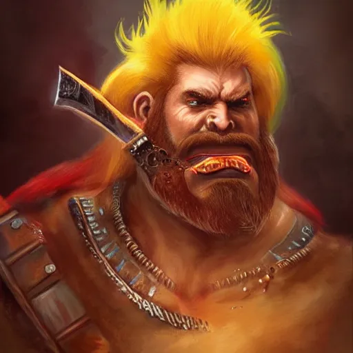 Image similar to masterpiece digital painting portrait of gotrek! ( troll slayer dwarf ) yelling, frenzy, punk hair style, red hair, epic, cinematic lights, huge axe, by boris vallejo and johan grenier, warhammer battle, artstation, pinterest, unreal engine, 8 k, detailed