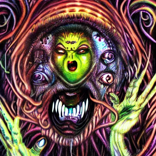 Image similar to a demon with dreadlocks telling a joke, airbrush art, shamanic horror lsd art, by basuki abdullah