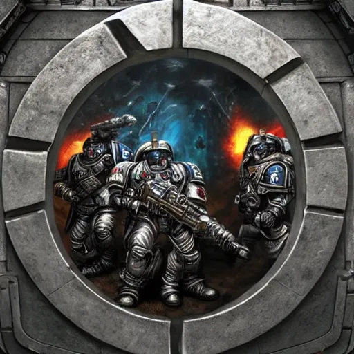 Prompt: historical photo of Warhammer 40k space marines emerging from a Stargate, hyper real, extremely detailed, 4K