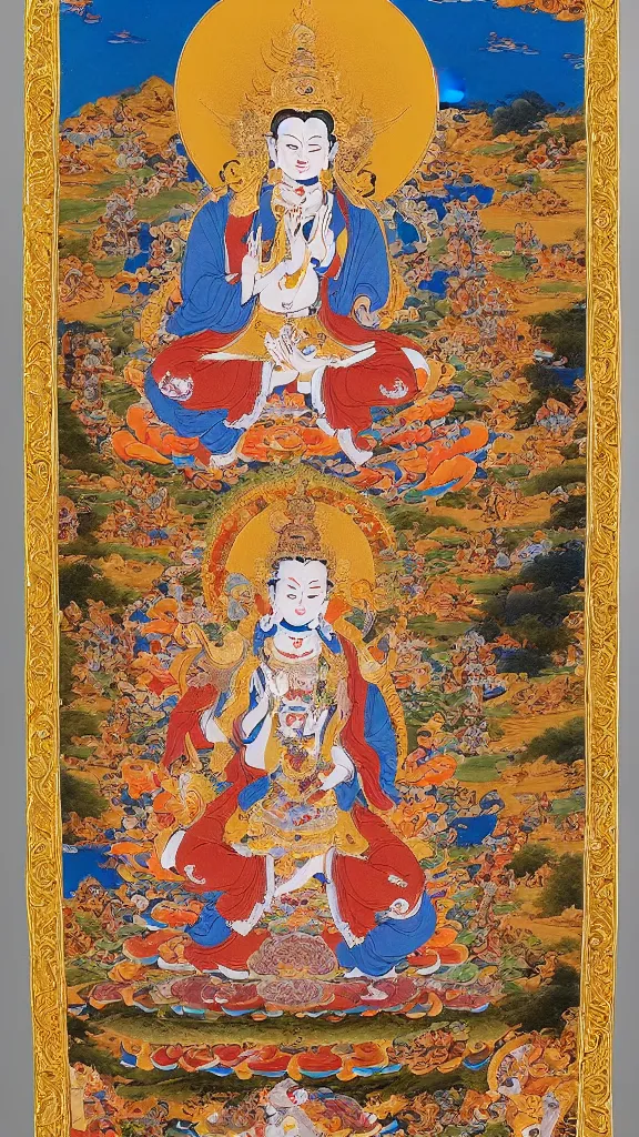 Prompt: a stunning intricate high-quality ornate ultradetailed Manjusri bodhisattva subdue demons, thangka arts, Tibetan, ca 12th century, Manjusri bodhisattva is shown seated on a lotus throne, with his right hand resting on his knee and his left hand holding a sword, Manjusri bodhisattva wears a crown and ample robes, and he has a serene expression on his face. The background is decorated with an intricate pattern of flowers and clouds, 64 megapixels, HDR, filmic, Octane, 8K resolution, ultrafine detail, ultrawide-angle lens, micro details, ray tracing,