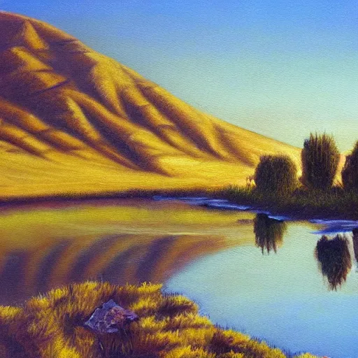 Image similar to quiet still pond, oasis in cleft of rock overlooking sandy desert spotted with dead trees, HD, oil painting,