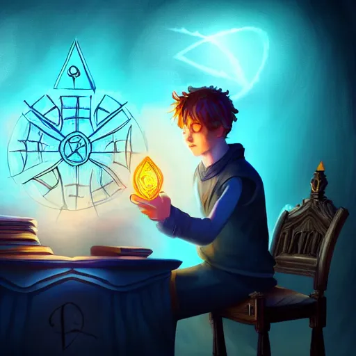 Image similar to A mage reading a spell book at a desk, as he reads the words runes float in the air. Magic, blue lighting, flux. High fantasy, digital painting, HD, 4k, detailed.